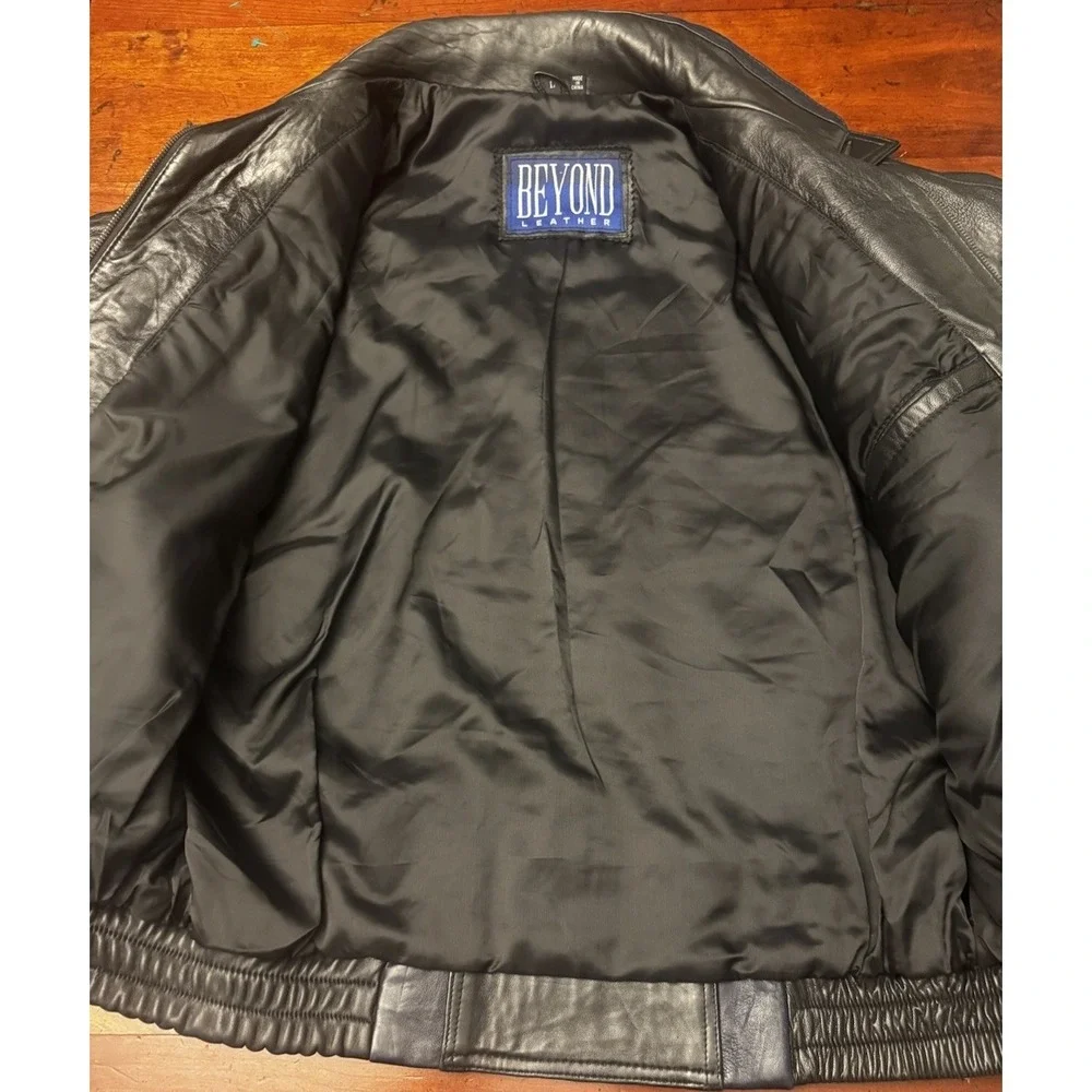 Beyond Leather Classic Bomber Motorcycle Black w/Blue Trim‎ Leather Jacket Large